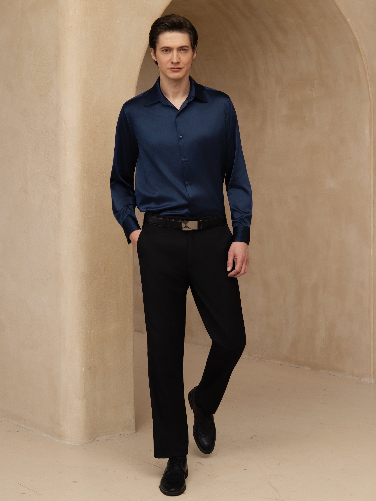 [Dark Blue] SilkSilky-UK 19Momme Stretch Silk Charmeuse Long Sleeve Lapel Collar Men's Shirt 007