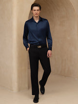 [Dark Blue] SilkSilky-UK 19Momme Stretch Silk Charmeuse Long Sleeve Lapel Collar Men's Shirt 007