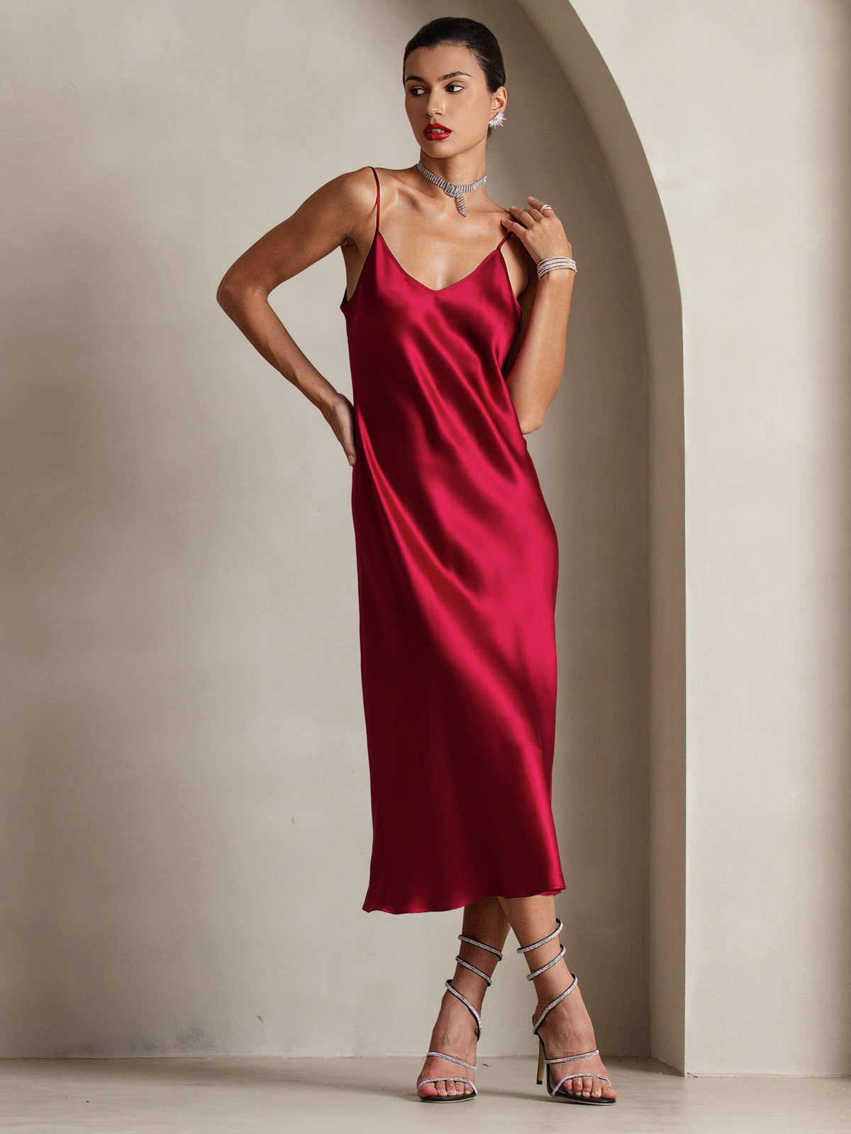 [Wine] SilkSilky-UK Spaghetti Strap V Neck Dress 003