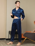 SilkSilky UK Pure Silk Long Sleeve Lapel Men's Pyjamas DarkBlue 009