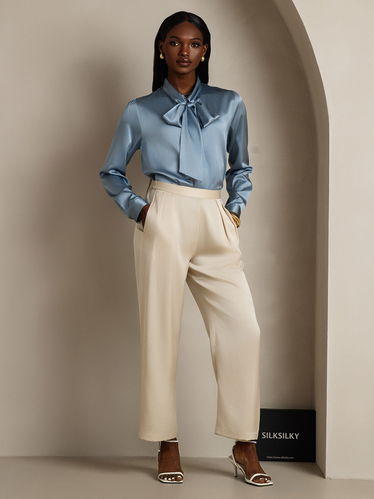 [Grayish Blue] SilkSilky-UK 19Momme Silk Long Sleeve Tie Neck Women's Shirt 007