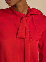 [Wine] SilkSilky-UK 19Momme Stretch Silk Charmeuse Long Sleeve Tie Neck Blouse 004