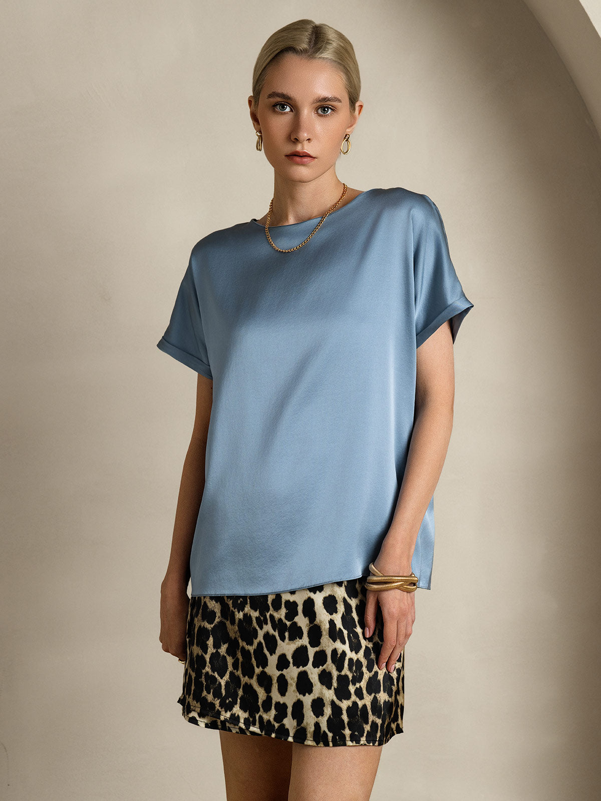 [Grayish Blue] SilkSilky-UK 19Momme Silk Round Neck Women's T-Shirt 003