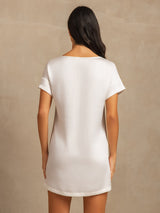 [White] SilkSilky-UK 19Momme Machine-Washable Silk Short Sleeve Round Neck Nightdress 002