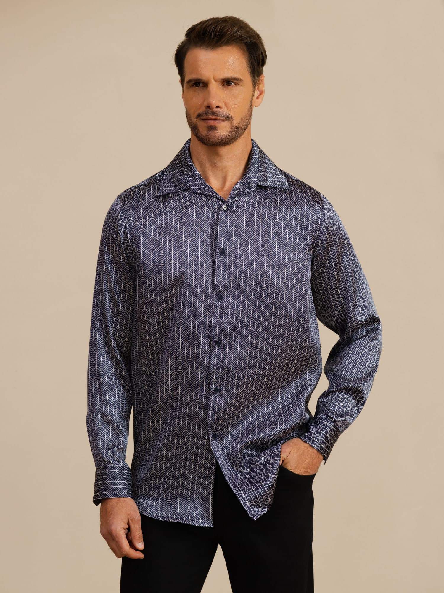 [Navy Ginkgo] SilkSilky-UK Long Sleeve Lapel Collar Men's Shirt 001
