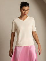 [Beige] SilkSilky-UK 100% High-Twist Silk Jersey Short Sleeve V Neck Women's T-Shirt 005