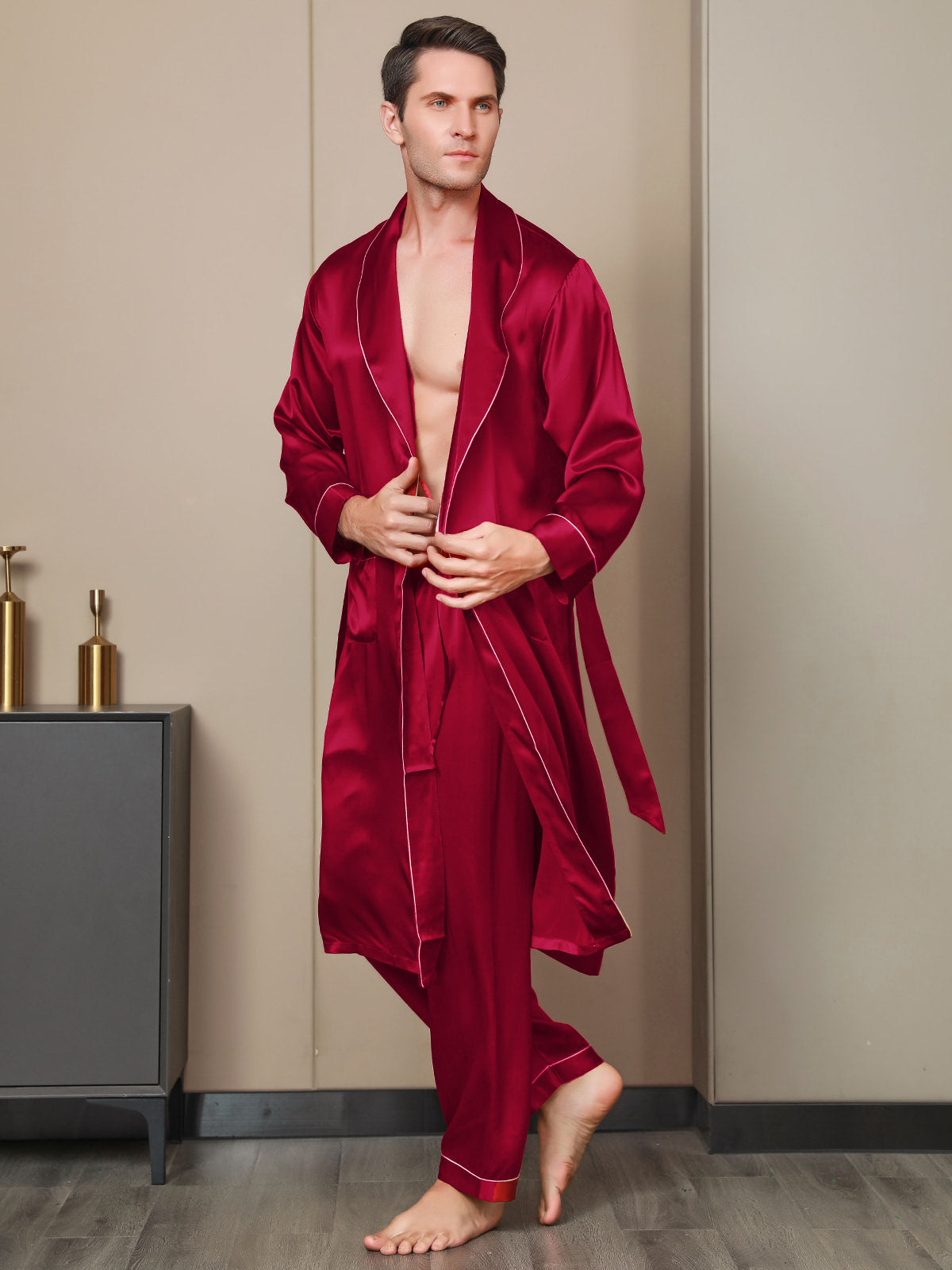 SilkSilky UK Pure Silk Long Sleeve Lapel Men's Dressing Gown Wine 001