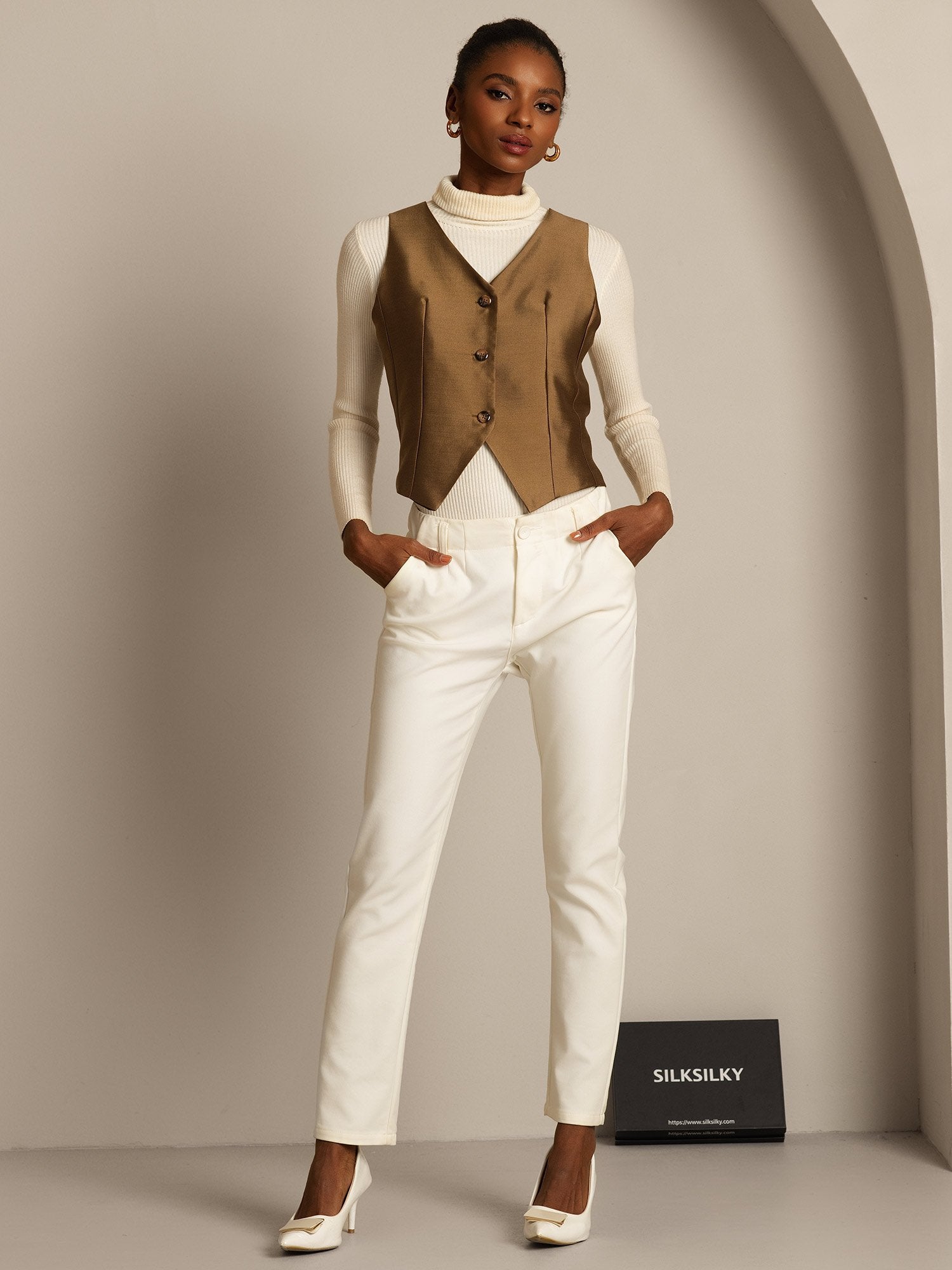 [Bronze] SilkSilky-UK 32Momme Silk-Wool Blend V Neck Women's Vest 007