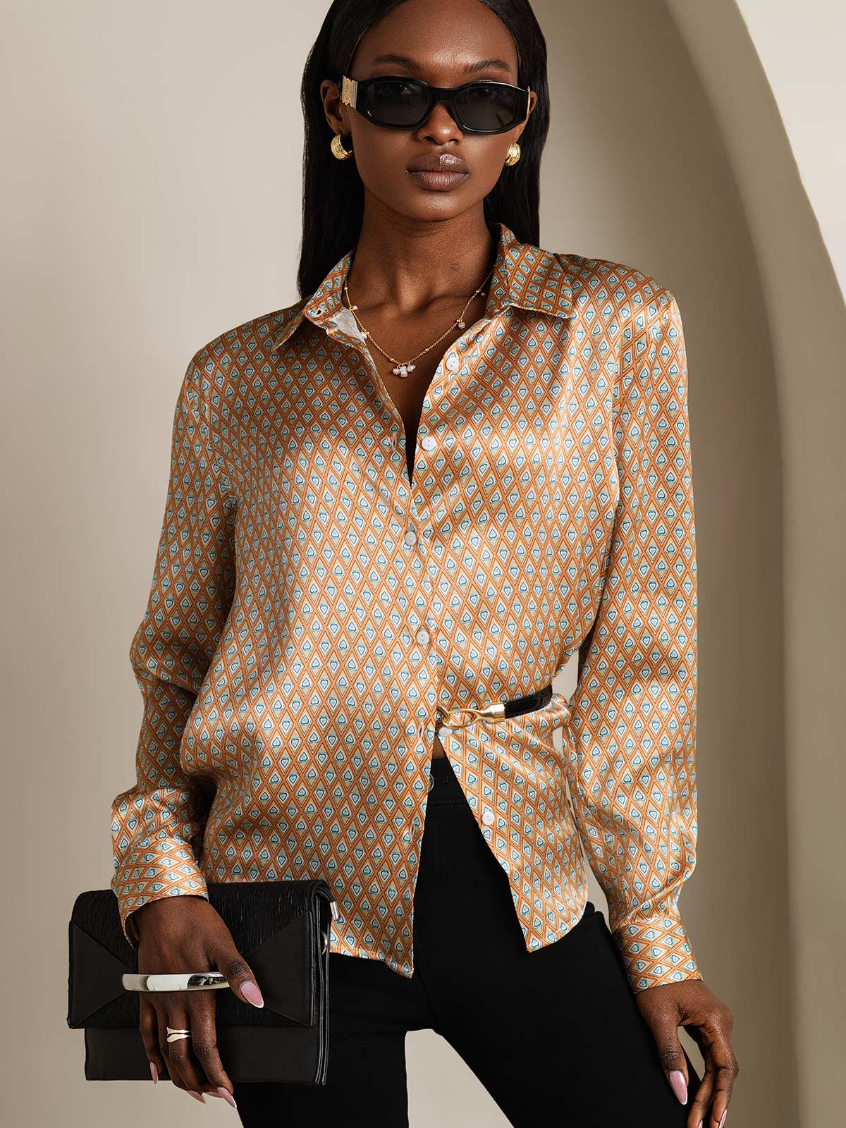 [Floral] SilkSilky-UK Silk Long Sleeve Collar Women's Shirt 003