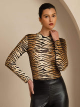 [Tiger] SilkSilky-UK 100% Silk Jersey Long Sleeve Mock Neck Women's T-Shirt 001