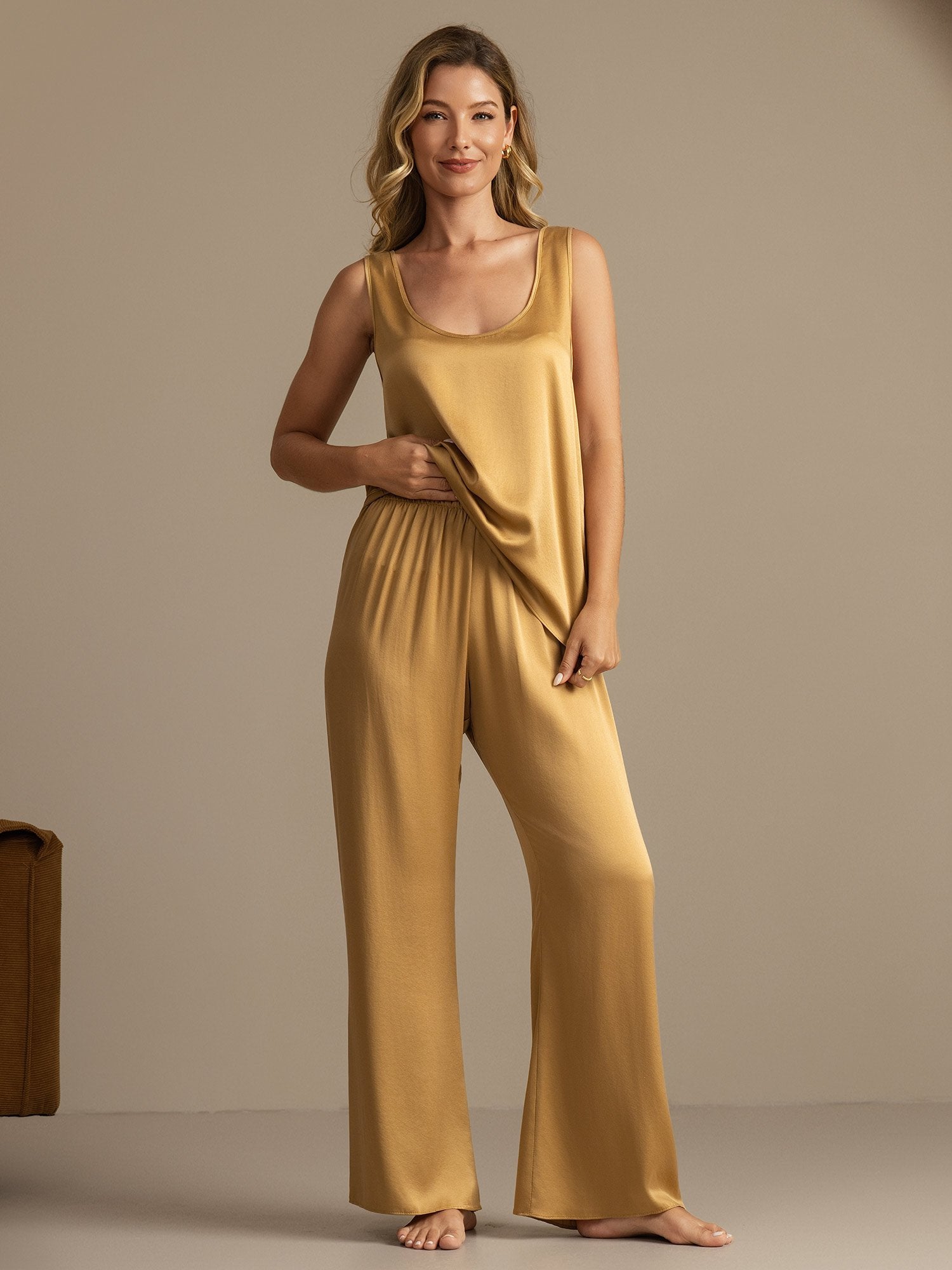 [Tan] SilkSilky-UK 19Momme Machine-Washable Silk Womens Pajamas 003