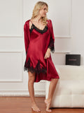 SilkSilky UK Pure Silk 3/4 Sleeve Nightgown&Robe Set DarkRed 004