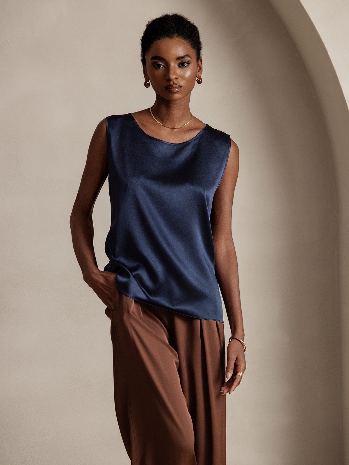 [Dark Blue] SilkSilky-UK 19Momme Silk Round Neck Camisole 001