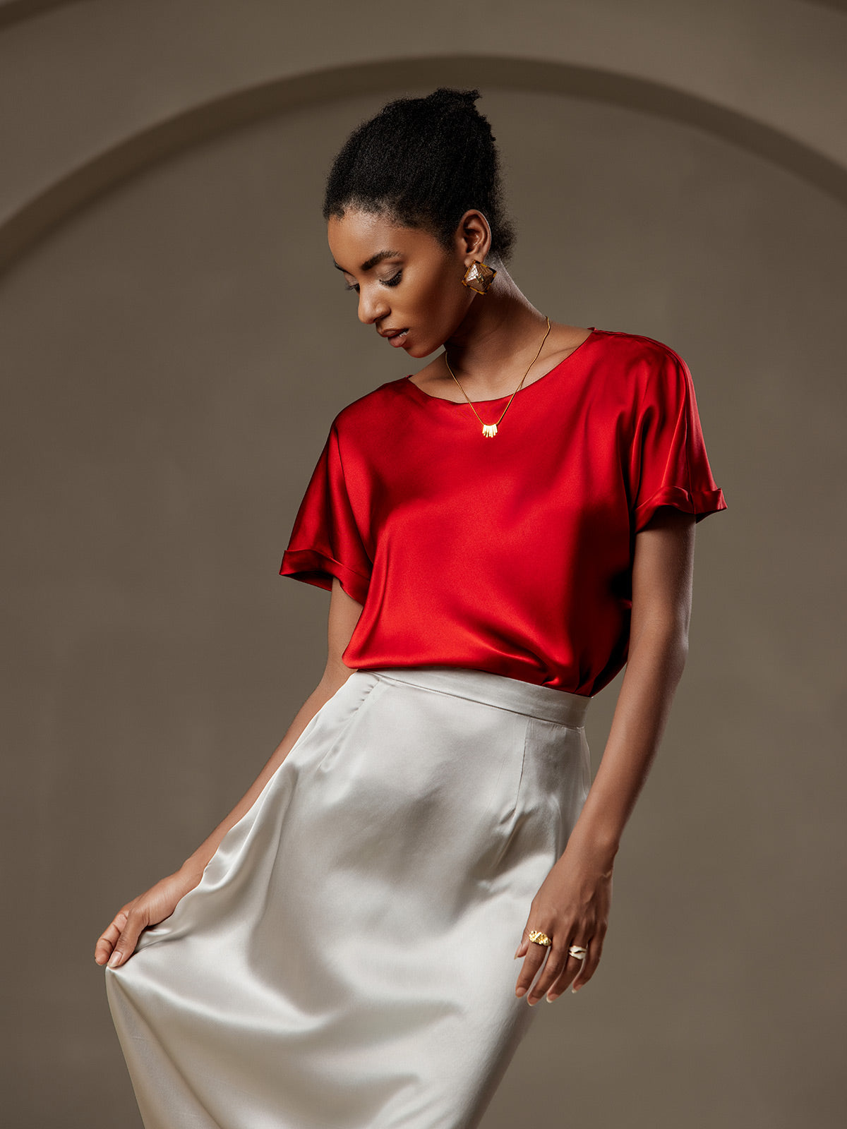 [Wine] SilkSilky-UK 19Momme Silk Short Sleeve Round Neck Women's T-Shirt 005