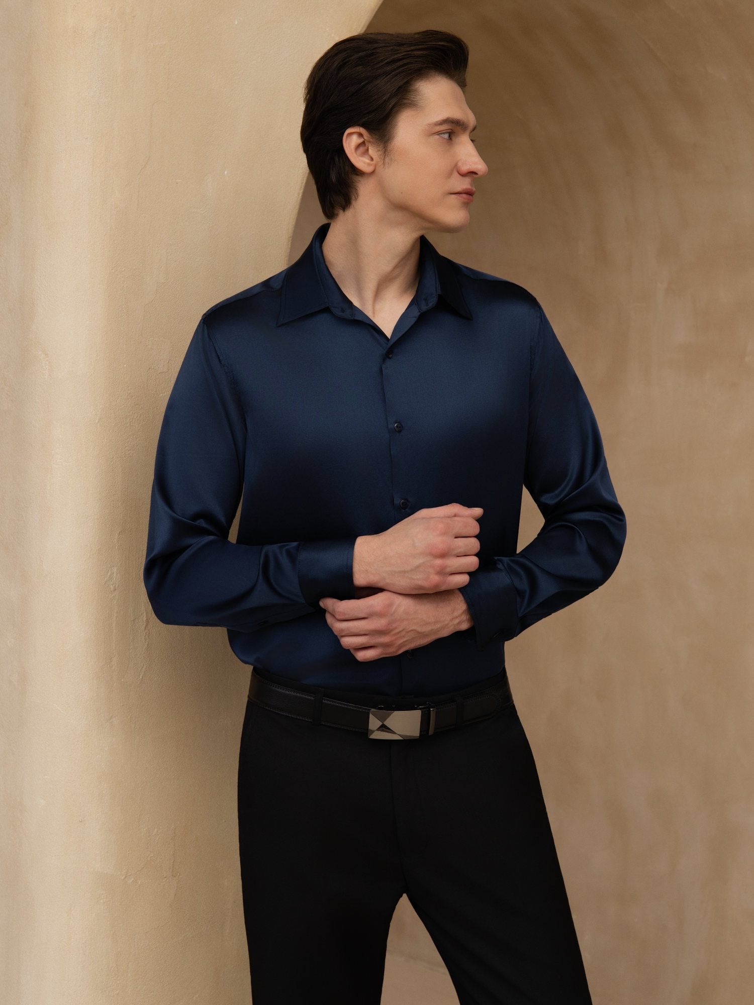 [Dark Blue] SilkSilky-UK 19Momme Stretch Silk Charmeuse Long Sleeve Lapel Collar Men's Shirt 004