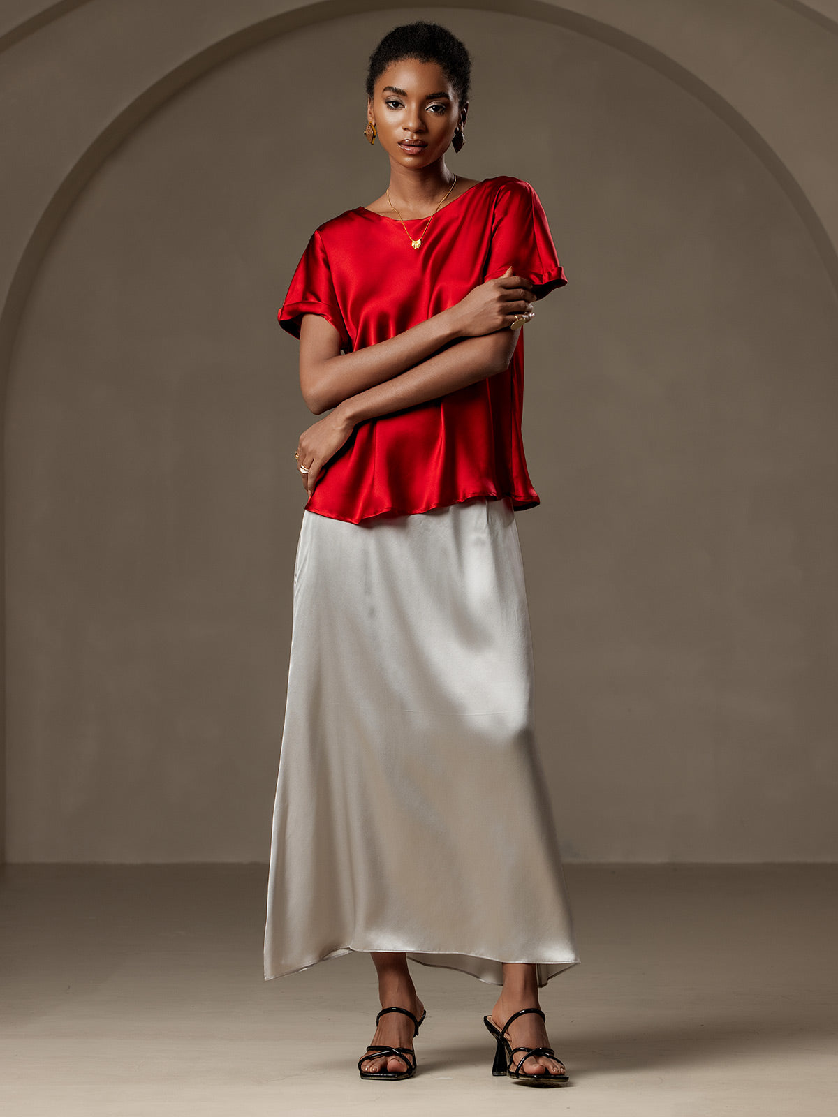 [Wine] SilkSilky-UK 19Momme Silk Short Sleeve Round Neck Women's T-Shirt 007