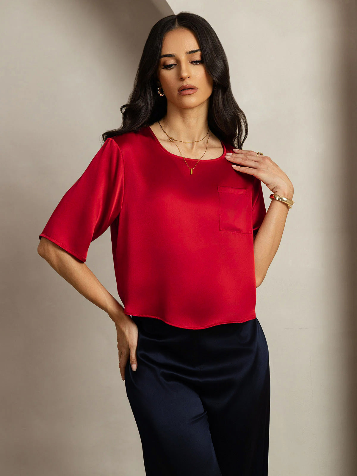 [Dark Red] SilkSilky-UK Pure Silk Boat Neck Women's T-Shirt 005