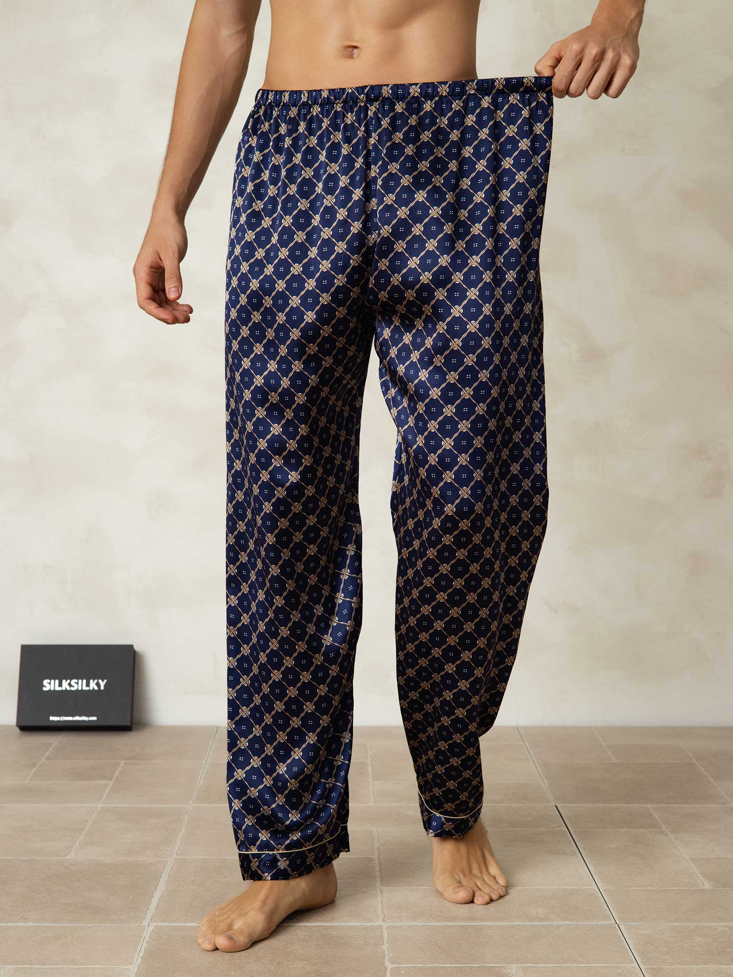 [Navy Chain] SilkSilky-UK Pure Silk Mens Sleep Bottoms 003