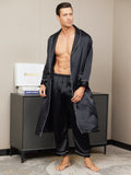 SilkSilky UK Pure Silk Long Sleeve Lapel Men's Dressing Gown Black 005