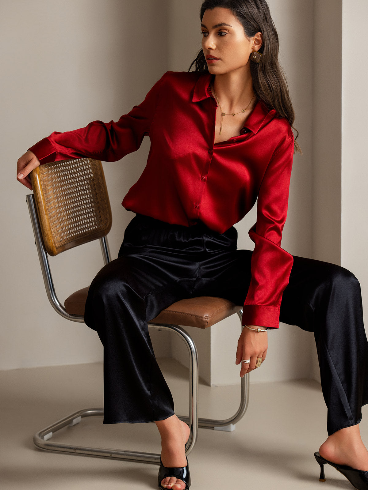 [Red] SilkSilky-UK Silk Collar Women's Shirt 001
