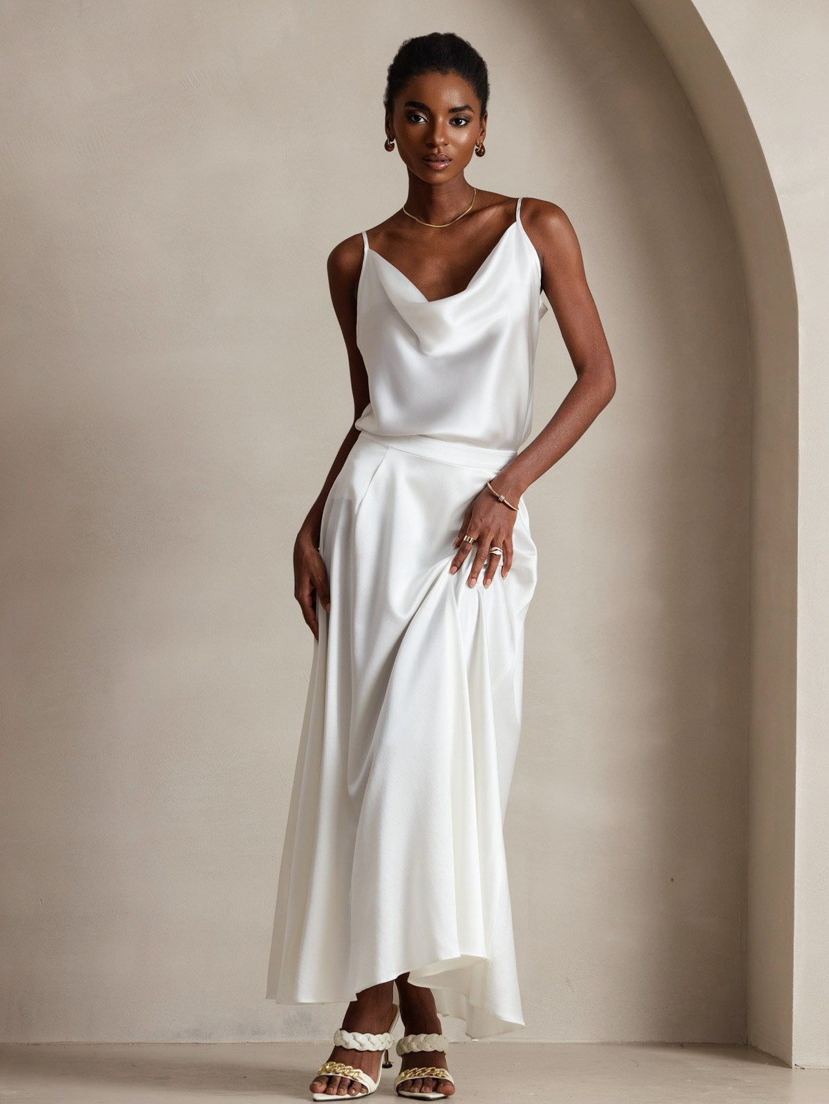 [White] SilkSilky-UK 19Momme Silk Spaghetti Strap Cowl Neck Camisole 001