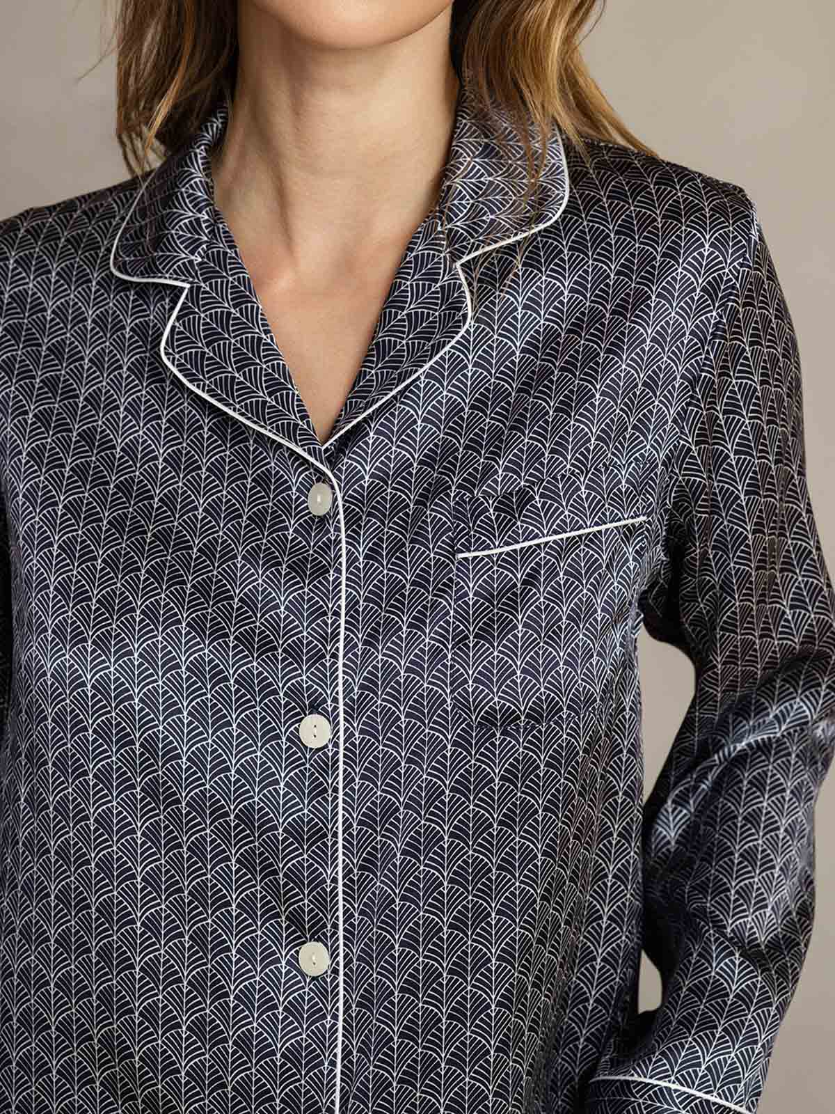 [Navy Ginkgo] SilkSilky-UK Pure Silk Womens Pajamas 006