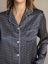 [Navy Ginkgo] SilkSilky-UK Pure Silk Notch Collar Women's Pyjamas 006,