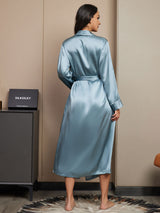 [Grayish Blue] SilkSilky-UK 19Momme Stretch Silk Charmeuse Long Sleeve Women's Dressing Gown 002