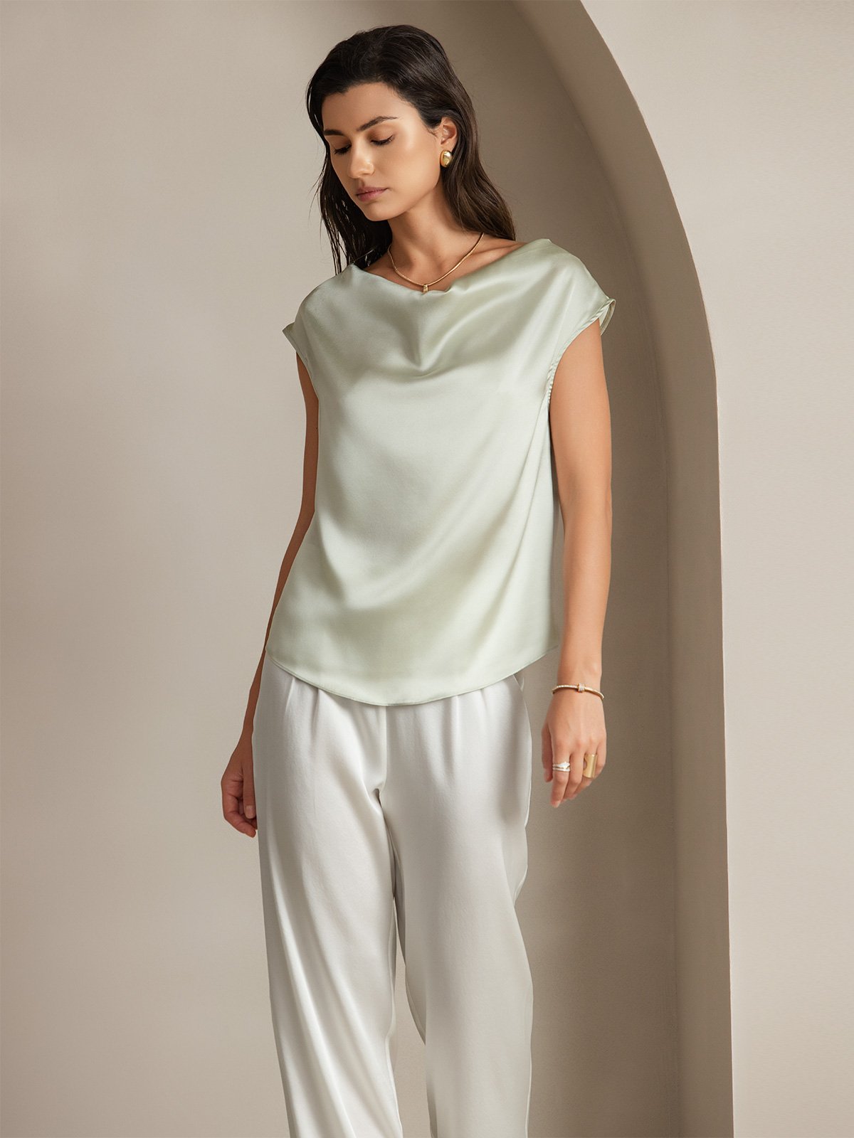 [Light Green] SilkSilky-UK 19Momme Silk Cap Sleeve Cowl Neck Women's T-Shirt 003