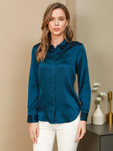 [Teal] SilkSilky-UK Long Sleeve Lapel Collar Women's Shirt 001