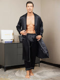 SilkSilky UK Pure Silk Long Sleeve Lapel Men's Dressing Gown Black 003