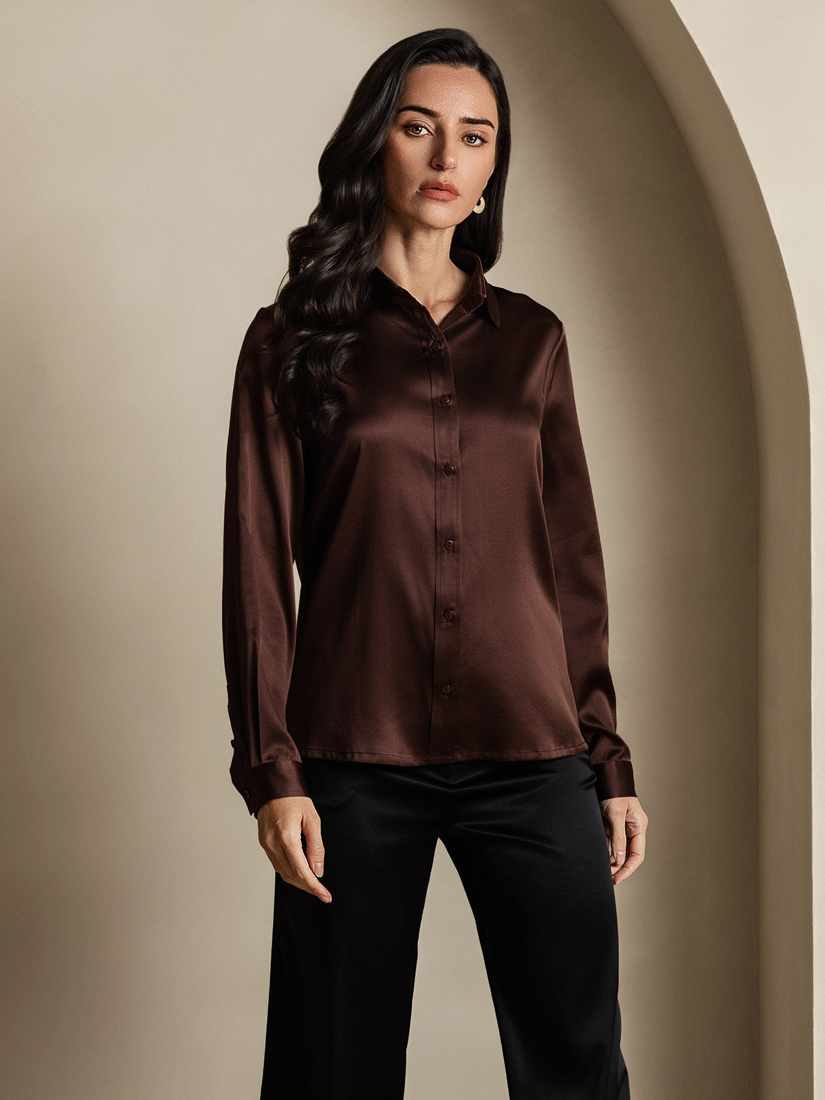 SilkSilky-UK 19Momme Silk Long Sleeve Collar Women's Shirt Coffee 001