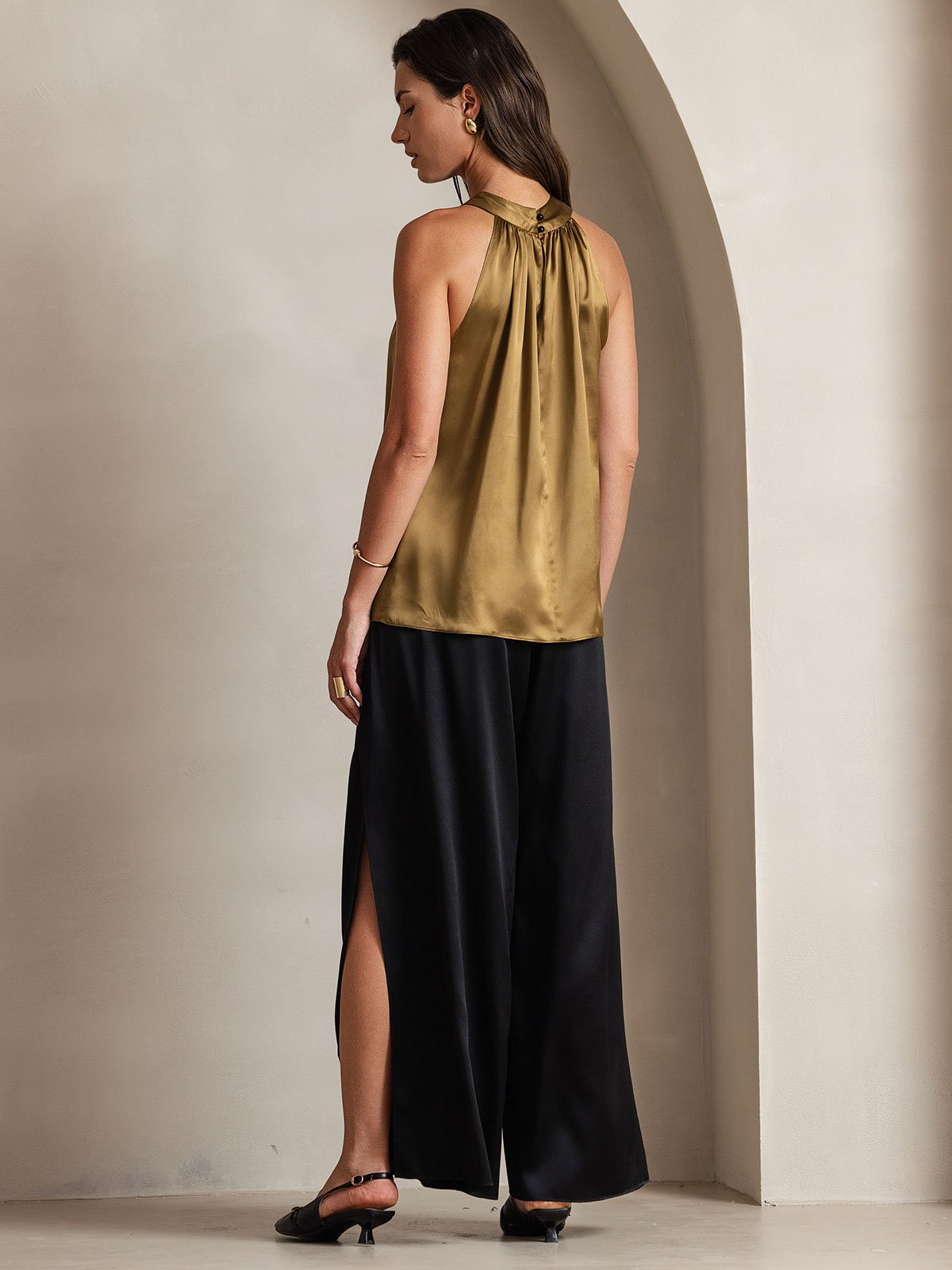 [Brown] SilkSilky-UK 19Momme Silk Sleeveless Halter Neck Women's T-Shirt 002