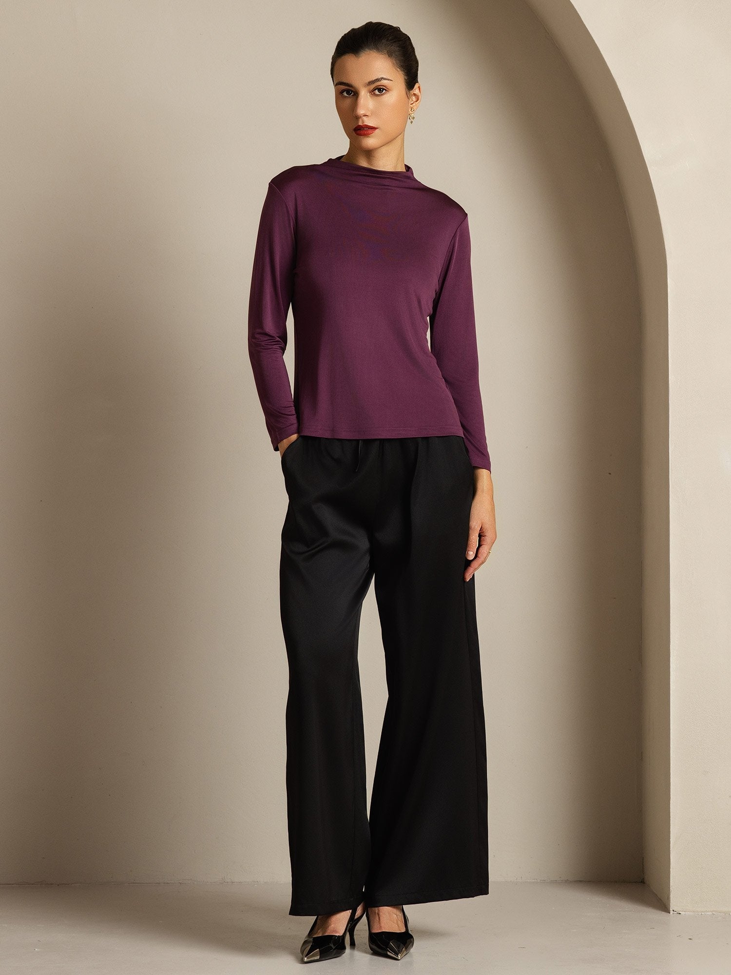 [Purple] SilkSilky-UK Pure Silk Mock Women's T-Shirt 008