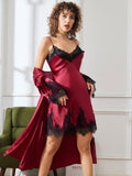 SilkSilky UK Pure Silk 3/4 Sleeve Nightgown&Robe Set DarkRed 006