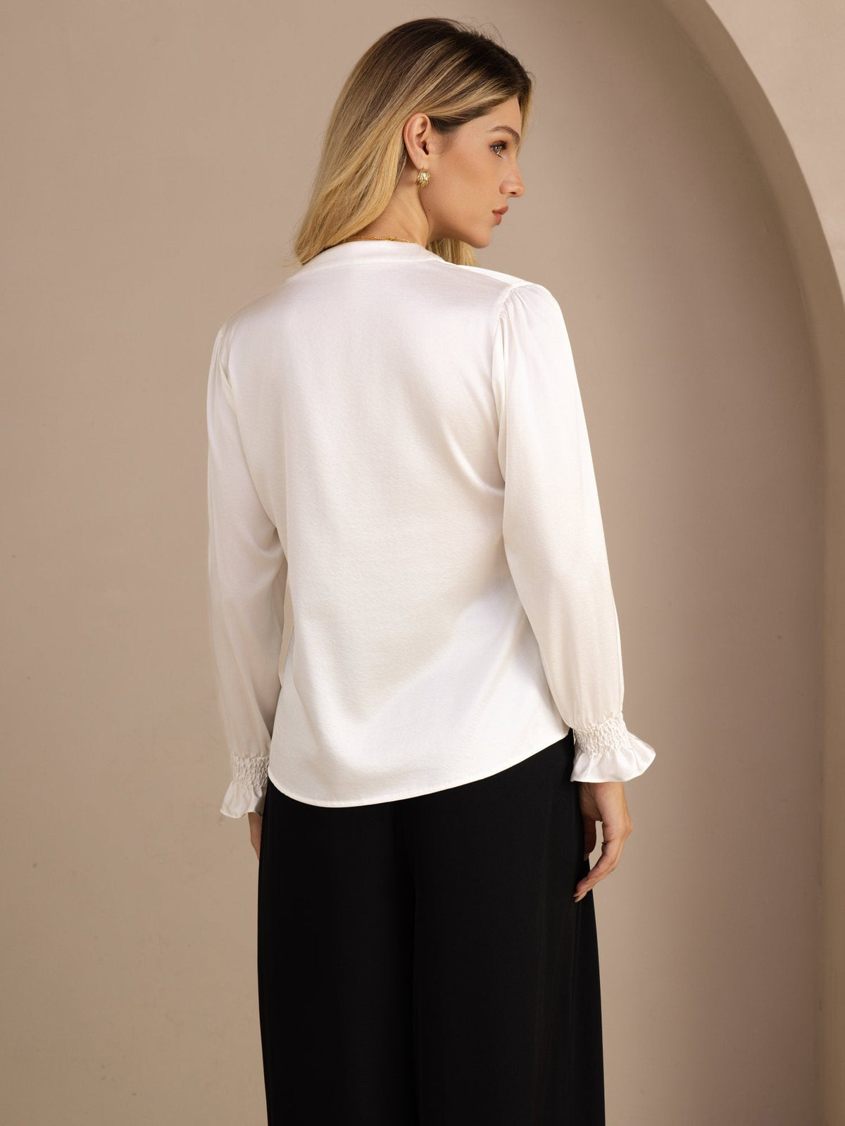 [White] SilkSilky-UK Long Sleeve Split Women's Blouse 002