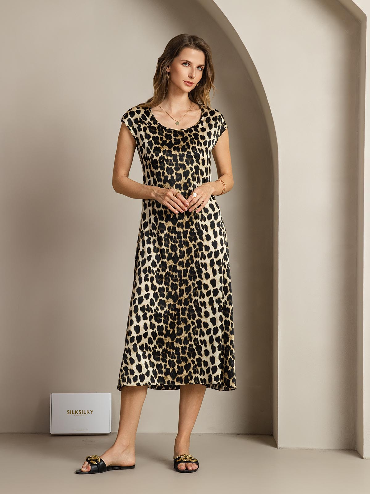 [Leopard] SilkSilky-UK 19Momme Silk Round Neck Dress 001