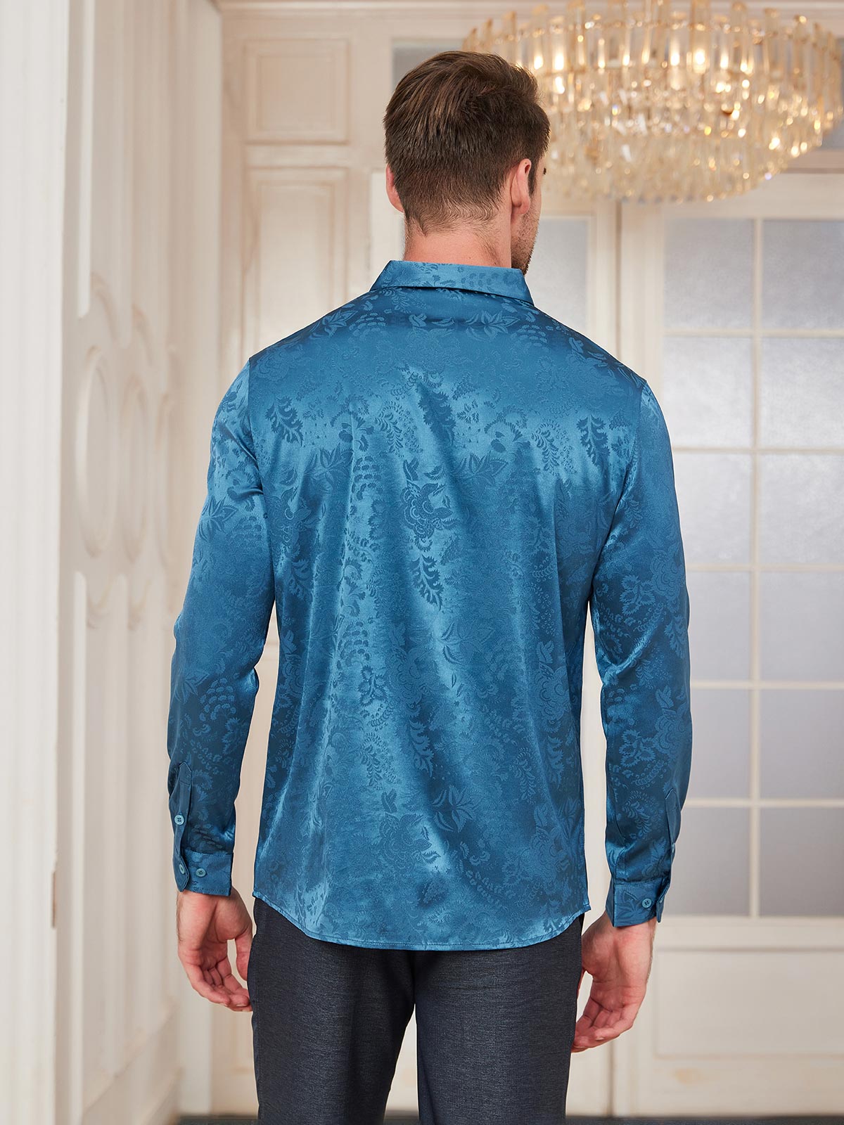 SilkSilky UK Silk Long Sleeve Collar Men's Shirt Teal 002