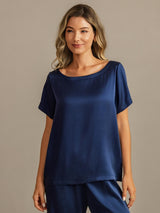 [Dark Blue] SilkSilky-UK 19Momme Machine-Washable Silk Short Sleeve Women's Pyjamas 007