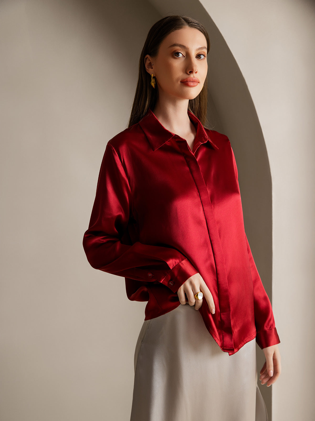 SilkSilky-UK 19Momme Silk Long Sleeve Collar Women's Shirt Wine 003