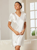 SilkSilky UK Pure Silk Short Sleeve V Neck Nightdress White 003