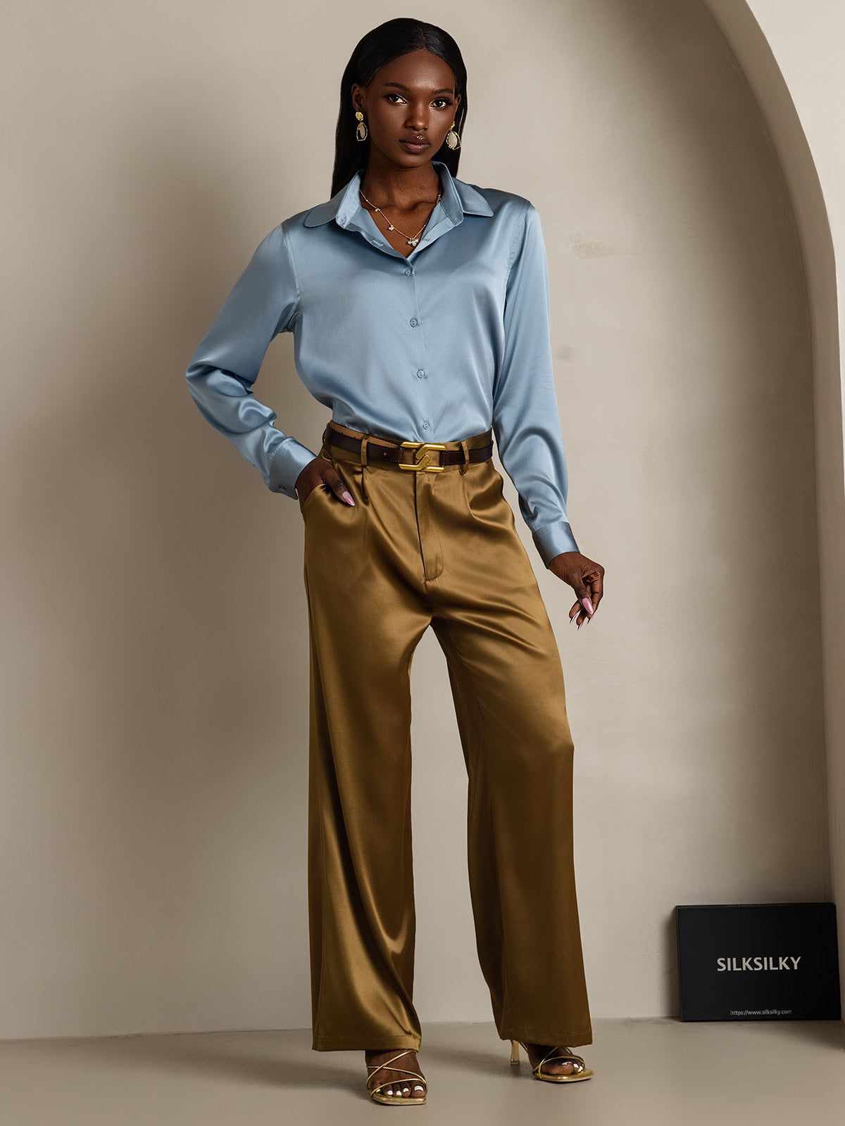 [Grayish Blue] SilkSilky-UK Silk Long Sleeve Collar Women's Shirt 007