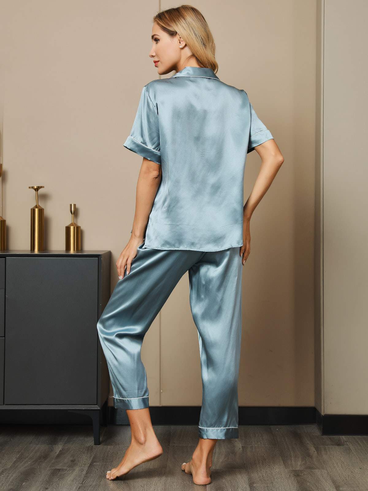 SilkSilky UK Pure Silk Short Sleeve Lapel Women's Pyjamas SteelBlue 002