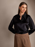 SilkSilky UK 19Momme Silk Long Sleeve Collar Women's Shirt Black 001