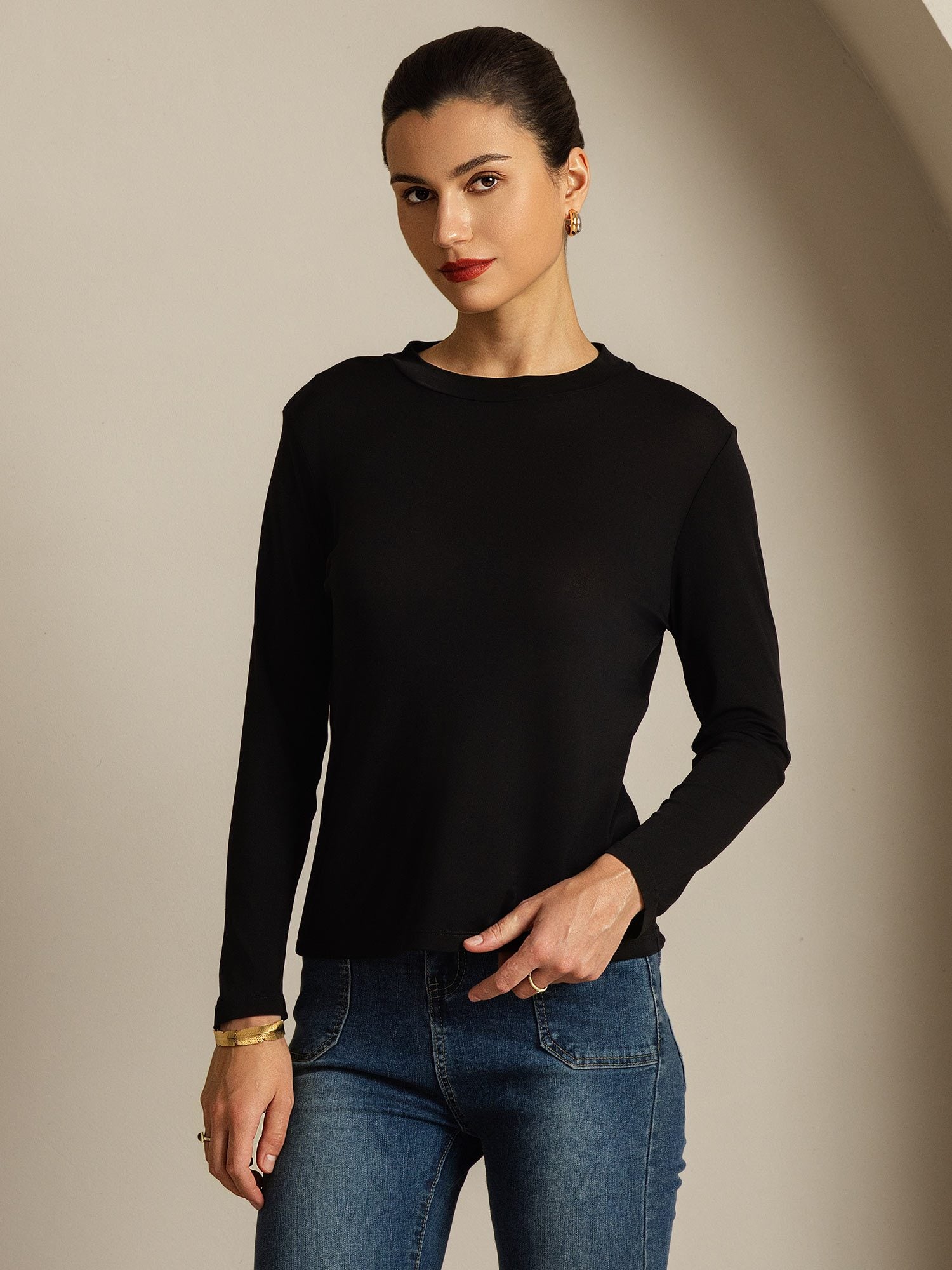 [Black] SilkSilky-UK Pure Silk Round Neck Women's T-Shirt 008