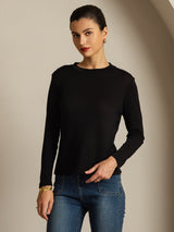 [Black] SilkSilky-UK Pure Silk Round Neck Women's T-Shirt 008