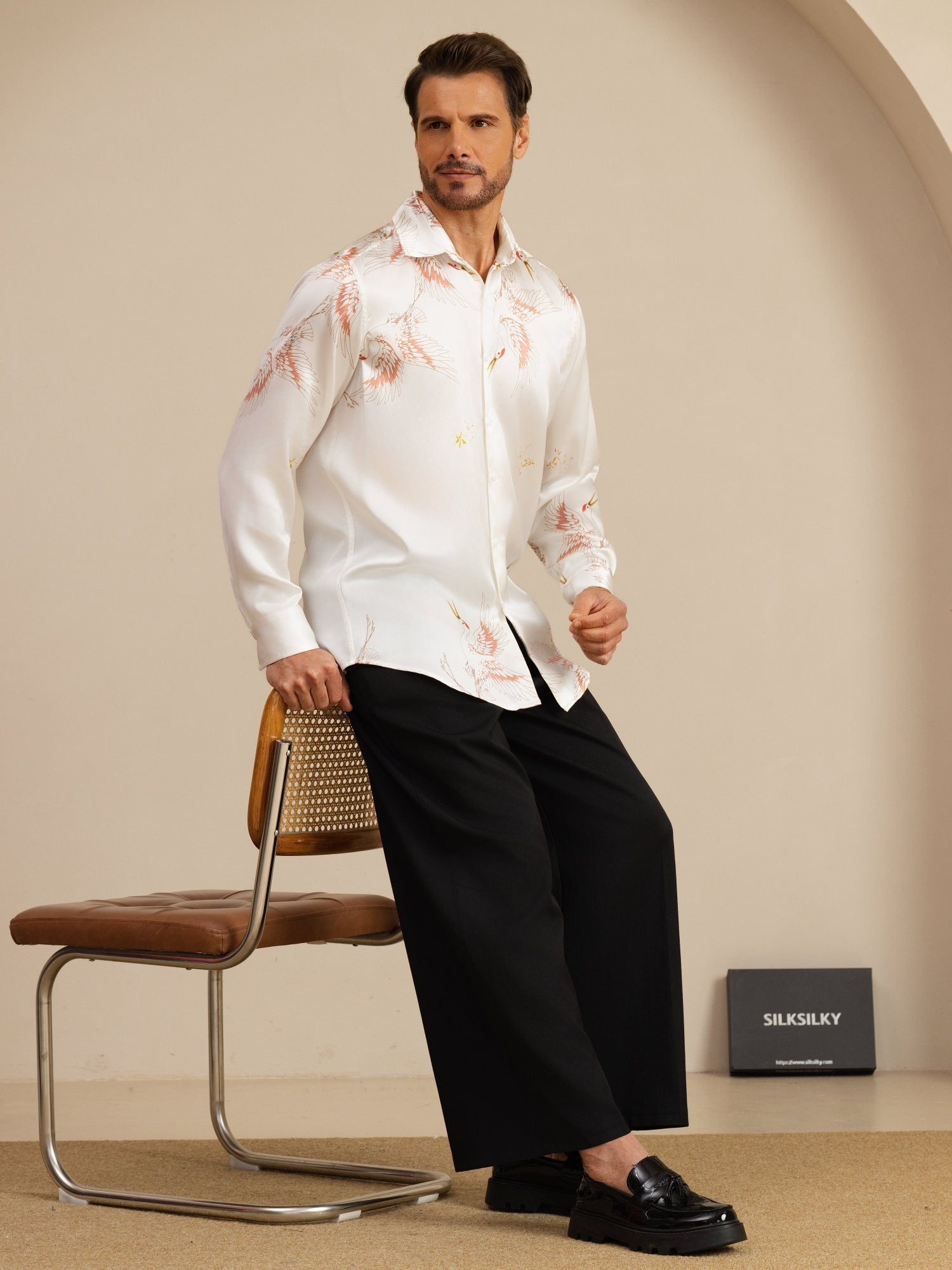 [White] SilkSilky-UK 19Momme Long Sleeve Lapel Collar Men's Shirt 007