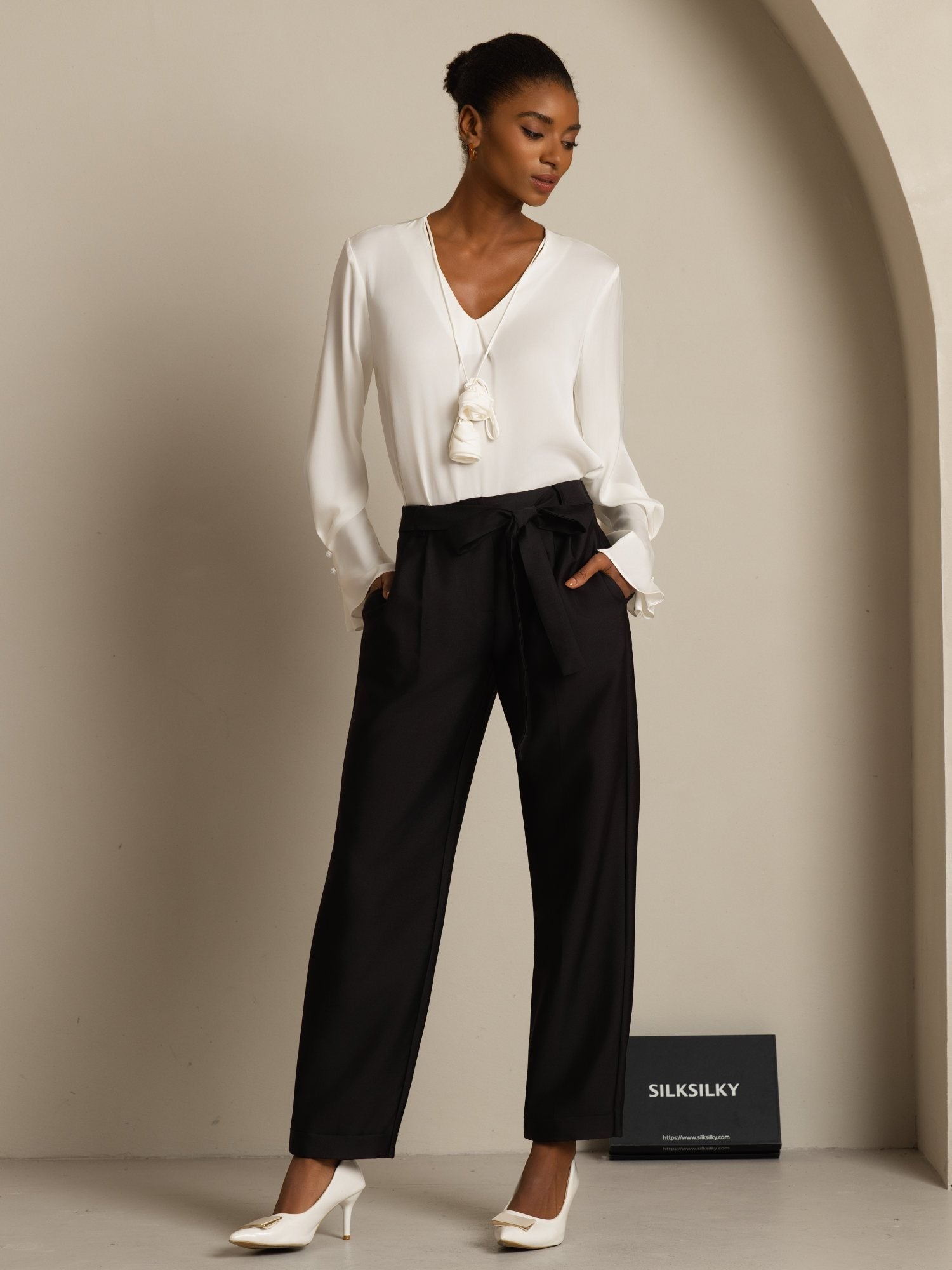 [White] SilkSilky-UK 19Momme Stretch Silk Double Georgette Long Sleeve V Neck Blouse 007