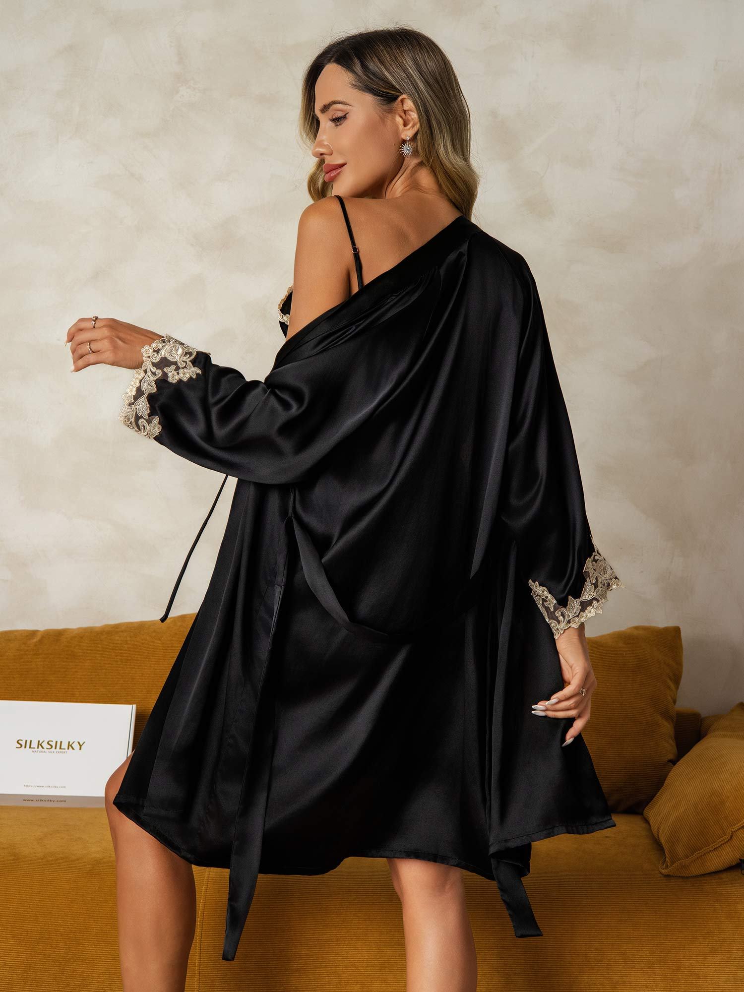 SilkSilky-UK Pure Silk V Neck Nightdress&Dressing gowns Black 002