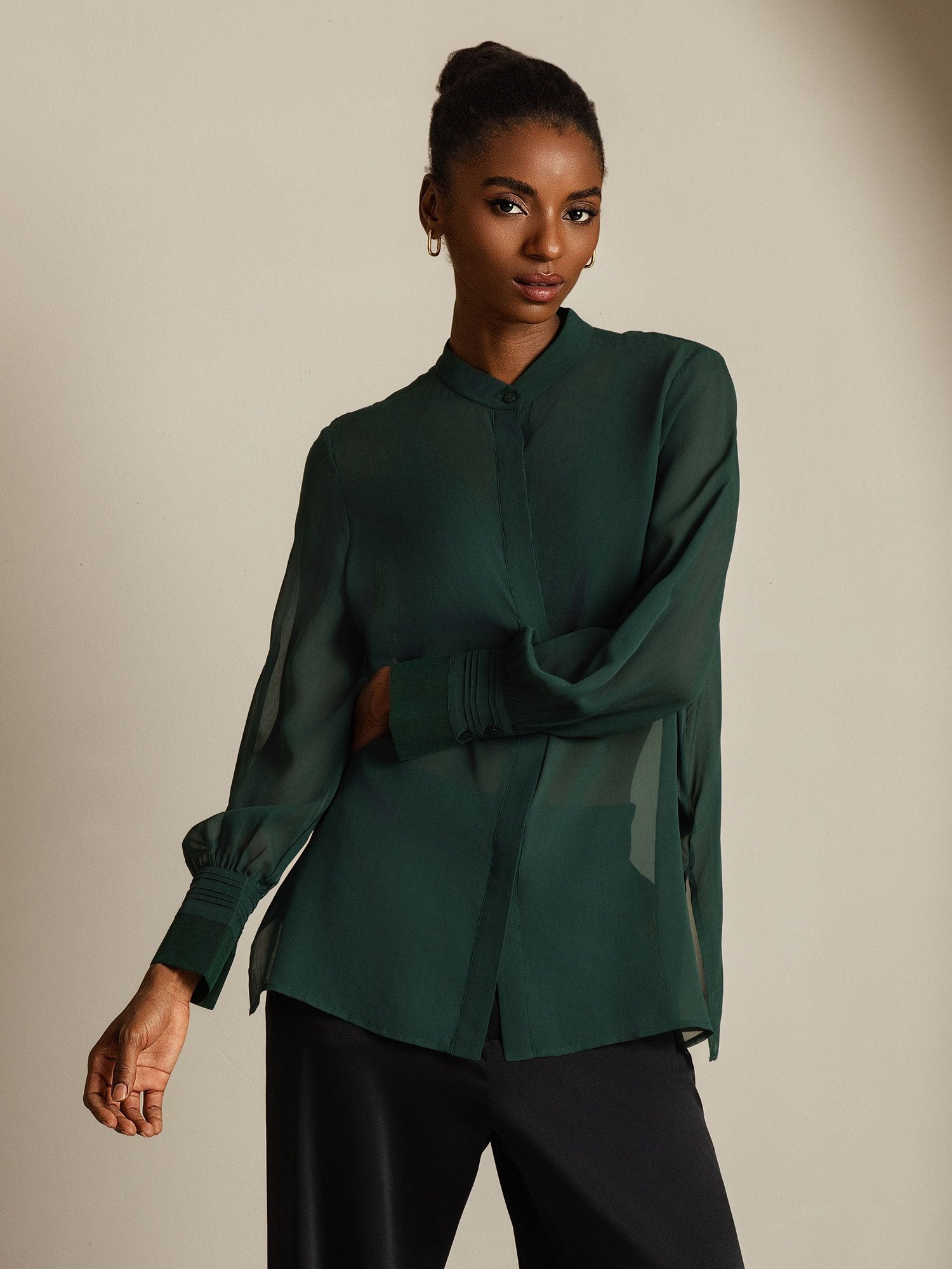 [Dark Green] SilkSilky-UK Pure Silk Split Women's Shirt 001